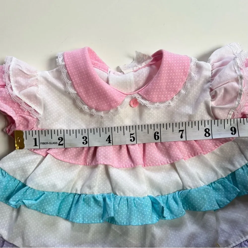 Vintage 2 Piece 1980s Cotton Candy Pastel Tiered Ruffle Polka Dot Dress Bummies